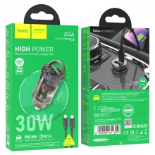 Hoco Z53A Vision Type C PD30W + USB QC3.0 Transparent black Avtomobil enerji toplama cihazı